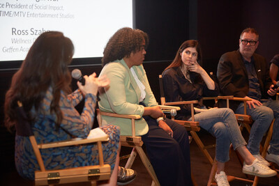 The Mental Health Storytelling Initiative's Ashley Kolaya, The Kids Mental Health Foundation's (KMHF) Dr. Whitney Raglin Bignall, actor and KMHF celebrity champion Alexandra Daddario, and executive producer Josh Griffith speak at the “Changing the Narrative: Children’s Mental Health in Entertainment & Media” event hosted by KMHF and USC Annenberg Inclusion Initiative in New York City on May 7, 2024 (Photo by Indie Studios for The Kids Mental Health Foundation)