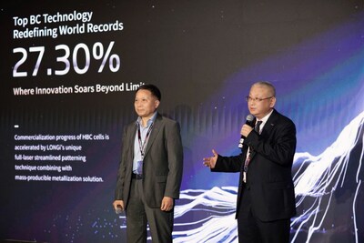 LONGi’s founder and president, Li Zhenguo and Chief Scientist Dr. Xu Xixiang unveiling the new BC world record (PRNewsfoto/LONGi)