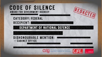 The Code of Silence Awards are presented annually by the CAJ, the Centre for Free Expression at Toronto Metropolitan University (CFE), and the Canadian Journalists for Free Expression (CJFE). The awards call public attention to government or publicly-funded agencies that work hard to hide information to which the public has a right to under access to information legislation. (CNW Group/Canadian Association of Journalists)