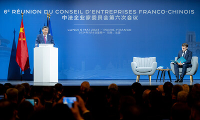 President Xi Jinping delivers a speech at the closing ceremony of the sixth meeting of the China-France Business Council in Paris on Monday. XIE HUANCHI/XINHUA