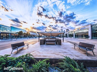 Modern, urban technology and innovation campus with outdoor employee plazas with benches, wooden decks, covered seating areas, and fully equipped buildings 