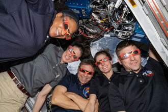 (March 26, 2024) — Five NASA astronauts wear eye-protecting specs in anticipation of viewing the April 8 solar eclipse from the International Space Station’s cupola.
Credits: NASA