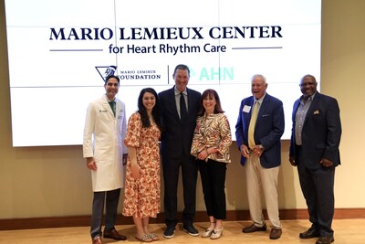Mario Lemieux stands with local cardiac patients of all of whom were treated at Pittsburgh's Allegheny General Hospital, the flagship medical center of Allegheny Health Network