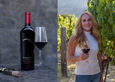 4th Generation California Winemaker Carol E. Franzia with beauty shot of 2021 Panther Rock Napa Valley Meritage