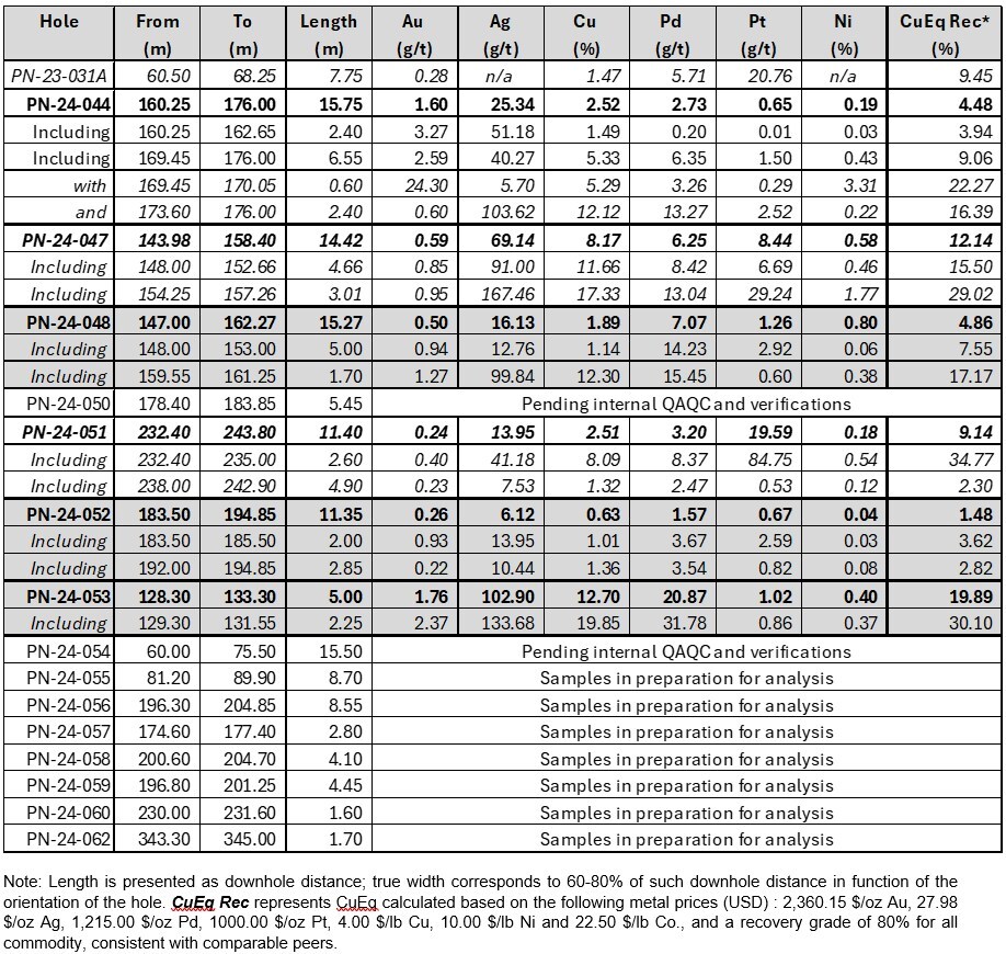 Table 1 : Significant Results and Assay Status – Lion Discovery drilling winter 2024 (Holes presented in this release are shaded in grey) (CNW Group/Power Nickel Inc.) Table 1 : Significant Results and Assay Status – Lion Discovery drilling winter 2024 (Holes presented in this release are shaded in grey) (CNW Group/Power Nickel Inc.)