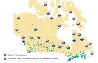 A map of Canada showing Food Banks Canada Menstrual Equity Fund pilot locations (small teal dots) and northern locations being reached by Moon Time Connections (logo dots) thanks to supplemental funding. (CNW Group/True North Aid)