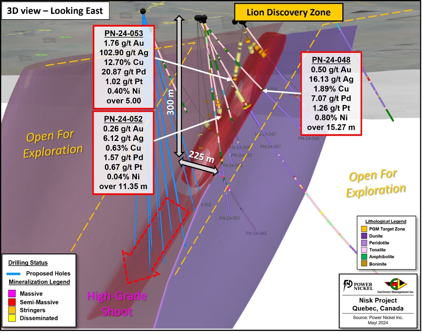 Figure 3: 3D view showing the current extent of drilling at Lion Discovery, the results presented in this release, as well as some of the proposed holes for the upcoming summer drilling program. (CNW Group/Power Nickel Inc.) Figure 3: 3D view showing the current extent of drilling at Lion Discovery, the results presented in this release, as well as some of the proposed holes for the upcoming summer drilling program. (CNW Group/Power Nickel Inc.)