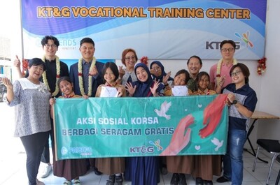 KT&G held a ceremony on May 3rd, during which participants from the Vocational Training Center’s sewing class donated school uniforms they made to local students. The participants and students are taking a photo together. (PRNewsfoto/KT&G Corporation)