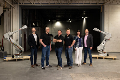 15 May 2024, Montreal — Relocalize co-founders Wayne McIntyre, Graham Campbell, and Leigh Copp are pictured here with Stéphane Pilette, Investment Director at Desjardins Capital, and Nadia Martel and Tim Tokarsky, co-founders of i4 Capital, at the company's manufacturing facility in Montreal. (CNW Group/Relocalize)