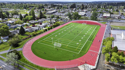 Giaudrone Middle School in Tacoma Public Schools is a community favorite when it comes to soccer and football especially with the Matrix Helix synthetic turf installed by Hellas. Not only does the field dry quicker with soteria pads by SafePlay LLC providing superior drainage and shock absorption, but the Elia Renufill organic infill keeps field conditions safer and cooler.
