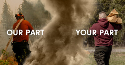 An image showing the words "Our Part" and "Your Part" with two people side by side. One is a wildland firefighter trying to put out a fire with a hose. The other is a community member carrying firewood. (CNW Group/FireSmart BC)