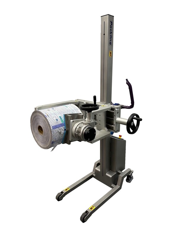 The Roll Clamp Attachment with forward tipping facility lifts and forward rotates rolls to access the mandrel end feed on the processing line.