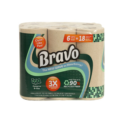 Bravo paper towels, which are new to the market, are made from 90% curb-side recycled boxes and paper. In addition to being eco-friendly, the towels have a soft, cloth-like texture and are extremely durable and absorbent. To find a retailer, visit bravotowel.com or Target.com to purchase Bravo online.