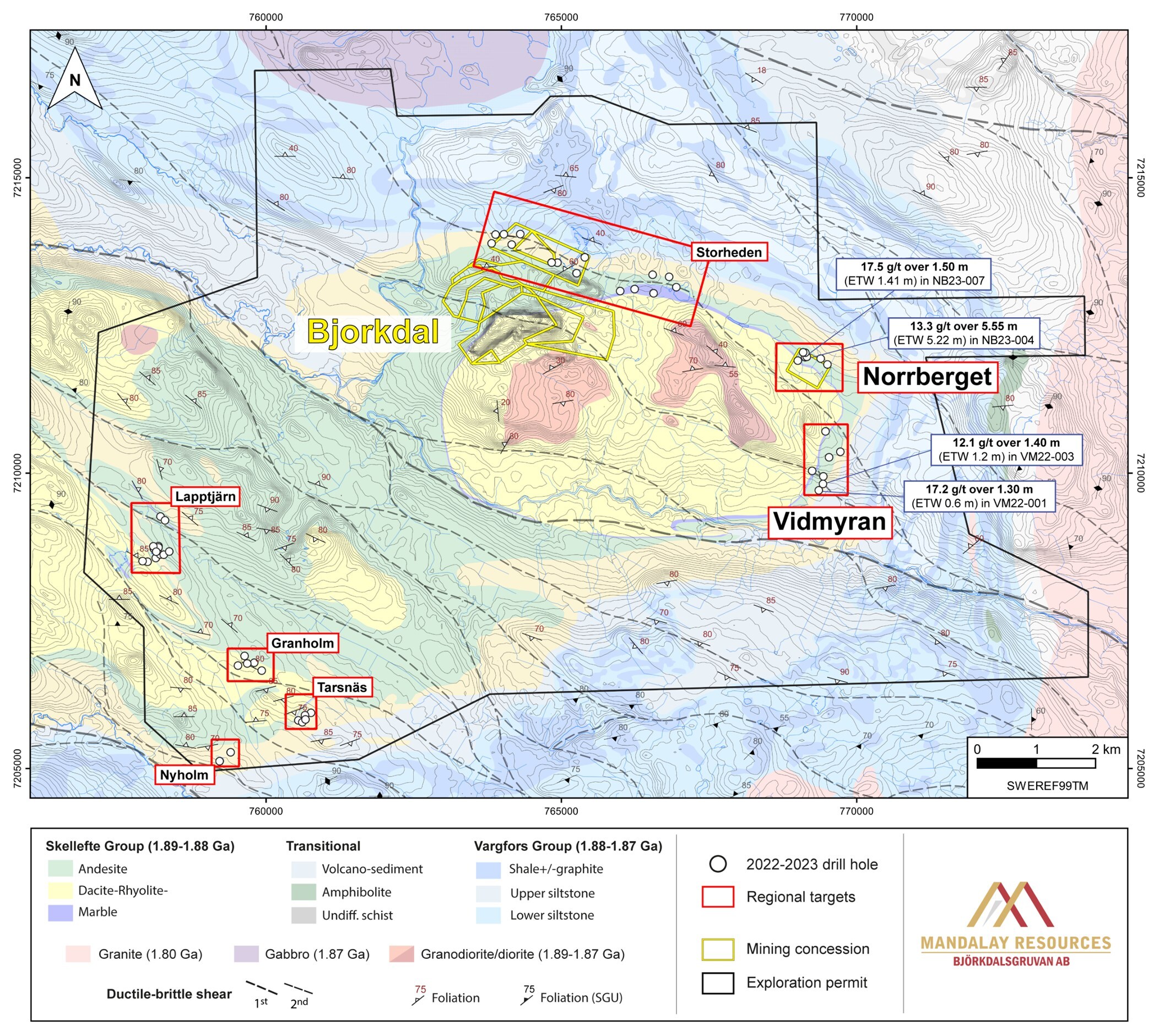 Figure 1. Geological Map centred on Mandalay exploration tenement holdings highlighting the location of exploration drilling described in this release. Highlighted assays results are annotated. (CNW Group/Mandalay Resources Corporation) Figure 1. Geological Map centred on Mandalay exploration tenement holdings highlighting the location of exploration drilling described in this release. Highlighted assays results are annotated. (CNW Group/Mandalay Resources Corporation)
