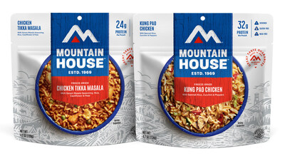 Mountain House's two new adventure meals pictured here, Chicken Tikka Masala (left) and Kung Pao Chicken (right)