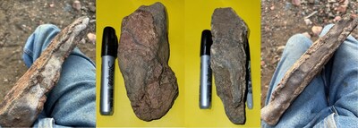 Figure 1. From left to right: 5 lb silver fragment with quartz walls, 4.7 lb silver fragment (70% native silver) with dark gray coating of cerargyrite and a patch of hematized quartz, 3.4 lb silver fragment (45% native silver) with hematized quartz matrix and white quartz walls, 6.2 lb silver vein fragment with white quartz walls. See Figure 2 for location. Estimated silver contents are based on specific gravity calculations. (PRNewsfoto/Silver One Resources Inc.)