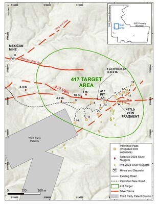 Figure 2. 417 Area map showing the location of selected silver fragments found along the western portion of the 417 Vein. Permitted drill pads within the high-grade silver target are shown with orange squares. (PRNewsfoto/Silver One Resources Inc.)