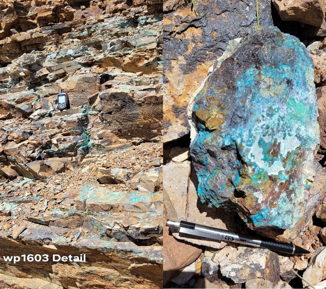 Figure 5. Left: sample 8011 location: Azurite-malachite in bed planes and fractures with 2.7% Cu.  Right: Fragment of a quartz vein with iron and manganese oxides with azurite, malachite and chrysocolla (assays pending). (PRNewsfoto/Silver One Resources Inc.)