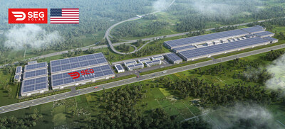 Renderização aérea do parque industrial SEG Solar PV em Batang, Java Central, Indonésia