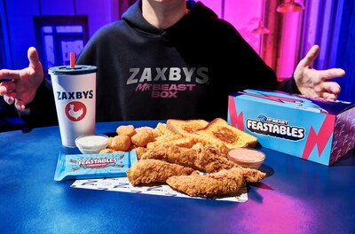 The MrBeast Box including Chicken Fingerz™, Fries, Cheddar Bites, Texas Toast, two signature sauces and new Feastables Milk Chocolate Bar available Thursday, May 16 at participating Zaxby's locations