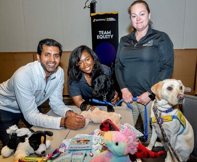 Synchrony Chicago volunteers Furqan Haq (left) and Gabrielle Jeannot (center), together with Canine Companions’ Christina Canter (right), engaged with future service dog puppies as part of the company’s community service in Chicago. Synchrony’s Chief Diversity and Corporate Responsibility Officer Michael Matthews and Synchrony Foundation President Denise Yap welcomed hundreds of employees who assembled dog toys, art kits and stuffed animals for local nonprofits. (Photo credit: Synchrony)