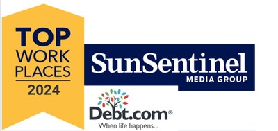 Debt.com has been recognized by the Sun Sentinel as a 'South Florida Top Workplaces for 2024.'