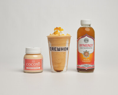 Kendall’s Peaches and Cream smoothie features GT's SYNERGY Raw Kombucha and vegan COCOYO Living Coconut Yogurt. Photo courtesy of Erewhon.
