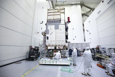Technicians monitor movement and guide NOAA’s Geostationary Operation Environmental Satellite-U (GOES-U) as a crane hoists it on to a spacecraft dolly in a high bay at the Astrotech Space Operations Facility near the agency’s Kennedy Space Center in Florida. Credit: NASA/Ben Smegelsky