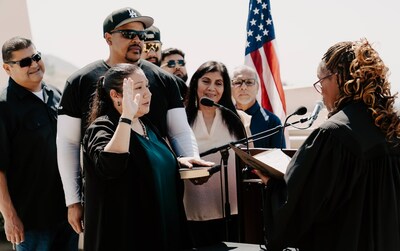 Picture of Laurena Bolden, Second Governing Council Member, accompanied by family (provided by San Manuel Band of Mission Indians)