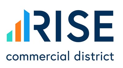 RISE Commercial District logo - three angled bars gradually rising using the final bar as the base of the letter "R" in the company's name RISE Commercial District