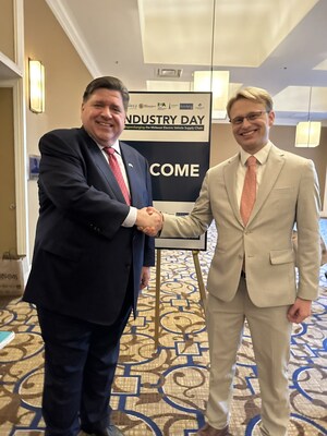 Governor J.B. Pritzker (left) welcoming Bedrock Materials CEO Spencer Gore (right) at the Illinois EV Industry Day.