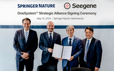  From left: Marc Spenlé, COO of Springer Nature;Frank Vrancken Peeters, CEO of Springer Nature; Dr. Jong-Yoon Chun, CEO and Founder of Seegene; and Jun B. Kim, EVP and Global Head of Seegene OneSystem Business pose for a photo during OneSystem™ Strategic Alliance Signing Ceremony in Houten, Netherlands on May 15.