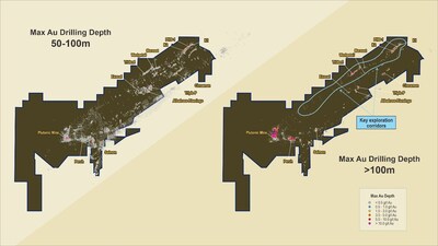 Figure 4:  Plutonic gold belt showing mineralisation below 100m versus drilling density below 100m (CNW Group/Catalyst Metals LTD.)