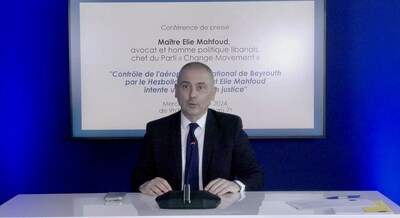 Maître Elie Mahfoud, avocat et homme politique libanais, chef du Parti « Mouvement pour le changement » (PRNewsfoto/M&M Conseil - Conférence de presse de Me Elie MAHFOUD)