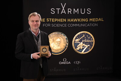 Christopher Nolan with the Stephen Hawking Medal Acclaimed filmmaker Christopher Nolan holds the Stephen Hawking Medal for Science Communication, awarded for his thought-provoking films that explore deep scientific themes, such as "Interstellar" and "Tenet." Nolan's work has sparked curiosity and interest in scientific concepts, making complex ideas accessible to audiences worldwide. (PRNewsfoto/STARMUS Festival)