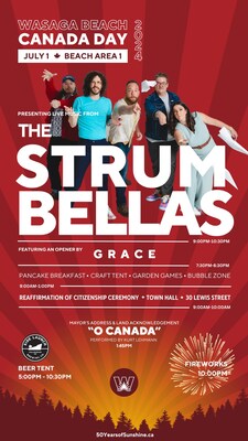 Colourful poster with details of the Canada Day music festival and fireworks that will take place in the Town of Wasaga Beach on July 1, 2024, featuring two-time Juno Award winners, the Strumbellas with an opener by Grace. (CNW Group/Town of Wasaga Beach)