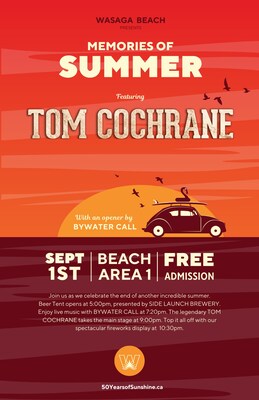 Poster featuring a bright orange sunset going down on a beach with a retro style car driving along the beach, and details of the Memories of Summer Music Festival taking place in the Town of Wasaga Beach on September 1, 2024, featuring Canadian rock legend, Tom Cochrane with an opener by Toronto-based band Bywater Call. (CNW Group/Town of Wasaga Beach)