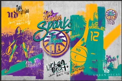 The LA Sparks player tunnel showcases Urban Decay branding along with the partnership tagline 'Where Beauty Meets Game,' celebrating the fusion of beauty and basketball Backdrop Art Director - Christine Galeener; Designer - Channing Curtis