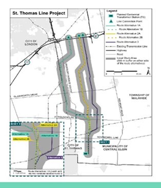 Map of study area for new proposed St. Thomas Line project (CNW Group/Hydro One Inc.)