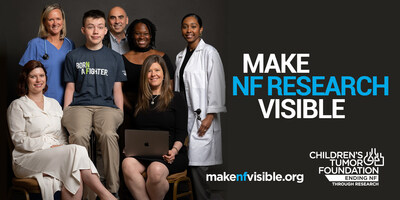 Young man living with neurofibromatosis type 1 surrounded by NF researchers and clinicians