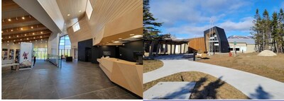 Left image: Interior of new Gros Morne National Park Visitor Information Centre.  Credit: Parks Canada (Sheldon Stone)   Right image: Exterior of new Gros Morne National Park Visitor Information Centre.  Credit: Parks Canada (Sheldon Stone) (CNW Group/Parks Canada (HQ))