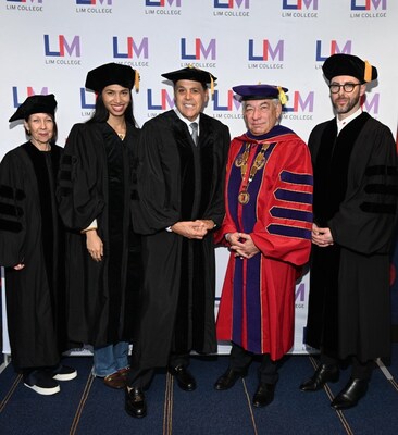 LIM College held its 2024 Commencement exercises on May 17 in NYC. Left to right is LIM alum Jacqui Wenzel ('79), alum Pascal Nguyen ('17), keynote speaker and fashion industry icon Sam Edelman, LIM College President Ron Marshall, and alum Joshua Danforth ('05). Wenzel received LIM's Maxwell F. Marcuse Award, the college's highest alumni honor. Nguyen received the Rising Star Alumni Award and Danforth received the Shining Star Alumni Award. Credit: Thornton Studios.