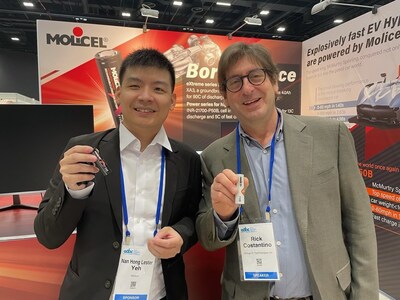 Dr. Lester Yeh, Head of Research & Development at Molicel, and Group14’s CTO and Co-Founder, Dr. Rick Costantino Celebrate the Groundbreaking Power and Charging Performance of Molicel’s “P50B” Ultra-High Power Cells. Advanced Automotive Battery Conference, Strasbourg, France, 2024.