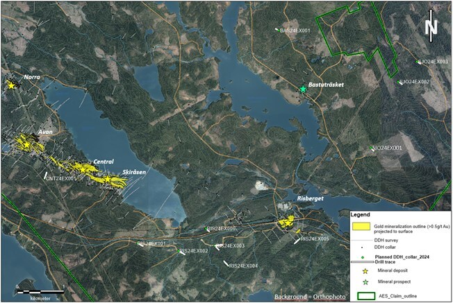 Figure 1 – Plan map of 2024 drilling at Barsele on orthophoto image. (CNW Group/First Nordic Metals Corp.) Figure 1 – Plan map of 2024 drilling at Barsele on orthophoto image. (CNW Group/First Nordic Metals Corp.)