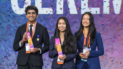 Parabéns a Krish Pai, Grace Sun e Michelle Wei - os maiores vencedores da Regeneron International Science and Engineering Fair 2024 em Los Angeles, Califórnia (PRNewsfoto/Society for Science)