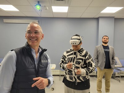 Student from McKee Technical Highschool in Staten Island receiving guidance from Vineyard Offshore during an Offshore Wind Technician VR career exploration simulation.