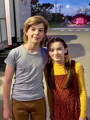 Jacob Moran and Madeleine McGraw on set of The Black Phone in 2021