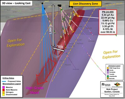 Figure 3: 3D view showing the current extent of drilling at Lion Discovery, the results presented in this release, as well as some of the proposed holes for the upcoming summer drilling program. (CNW Group/Power Nickel Inc.)