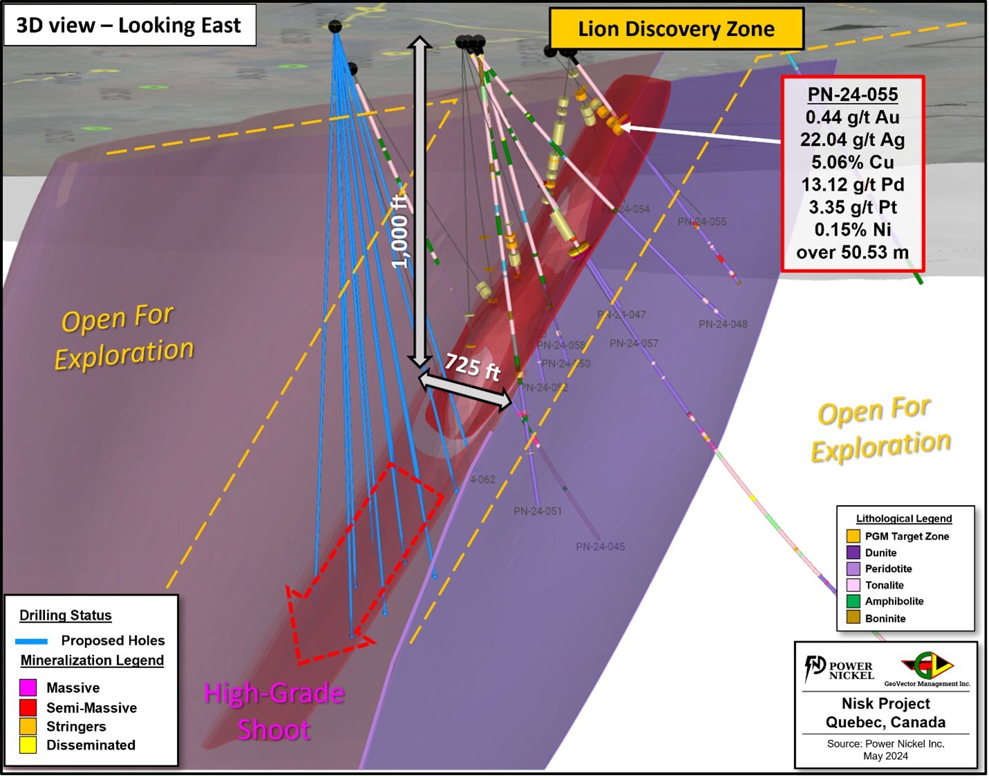 Figure 3: 3D view of the extent of drilling at Lion Discovery including results from the latest assays and proposed drillings for the next summer program.