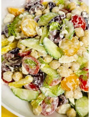 Pearls Garbanzo Salad  courtesy of Chef Jamie Gwen incorporates Pearls Specialties Kalamata Olives for extra crunch and flavor straight from the Mediterranean.